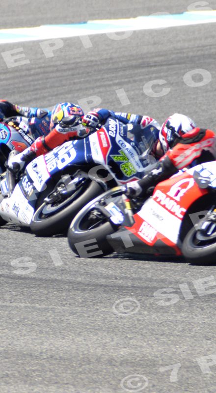 Pilotos Scott Redding (45) (Octo Pramac Yakhnich), Loris Baz (76) (Avintia Racing), Jack Miller (43) (Estrella Galicia 0,0 Marc VDS) y Tito Rabat (53) (Estrella Galicia 0,0 Marc VDS) en carrera Gran Premio de España Jerez 2016 de Motociclismo