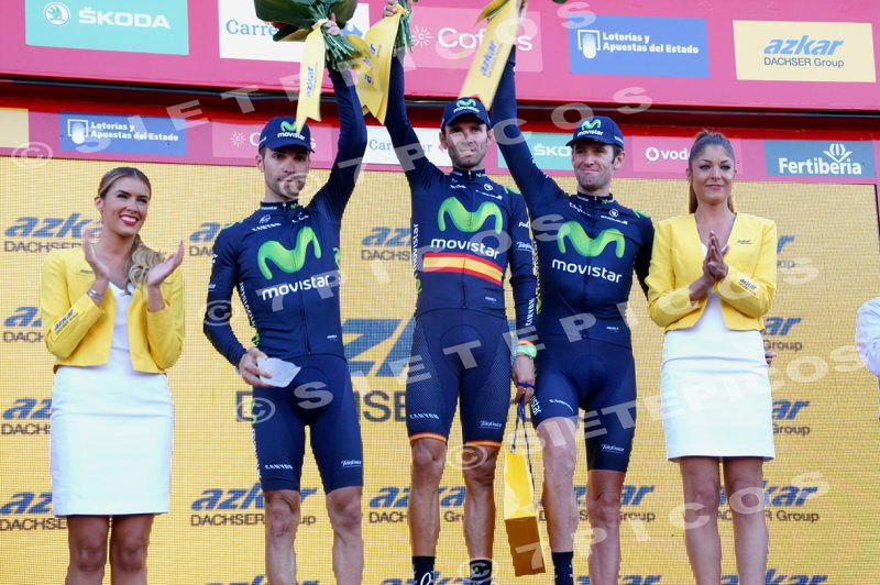 Giovanni Visconti-Alejandro Valverde-Roy Sutherland Clasificacion por equipos. Etapa Medina del Campo-Avila. Vuelta Ciclista a España 2015
