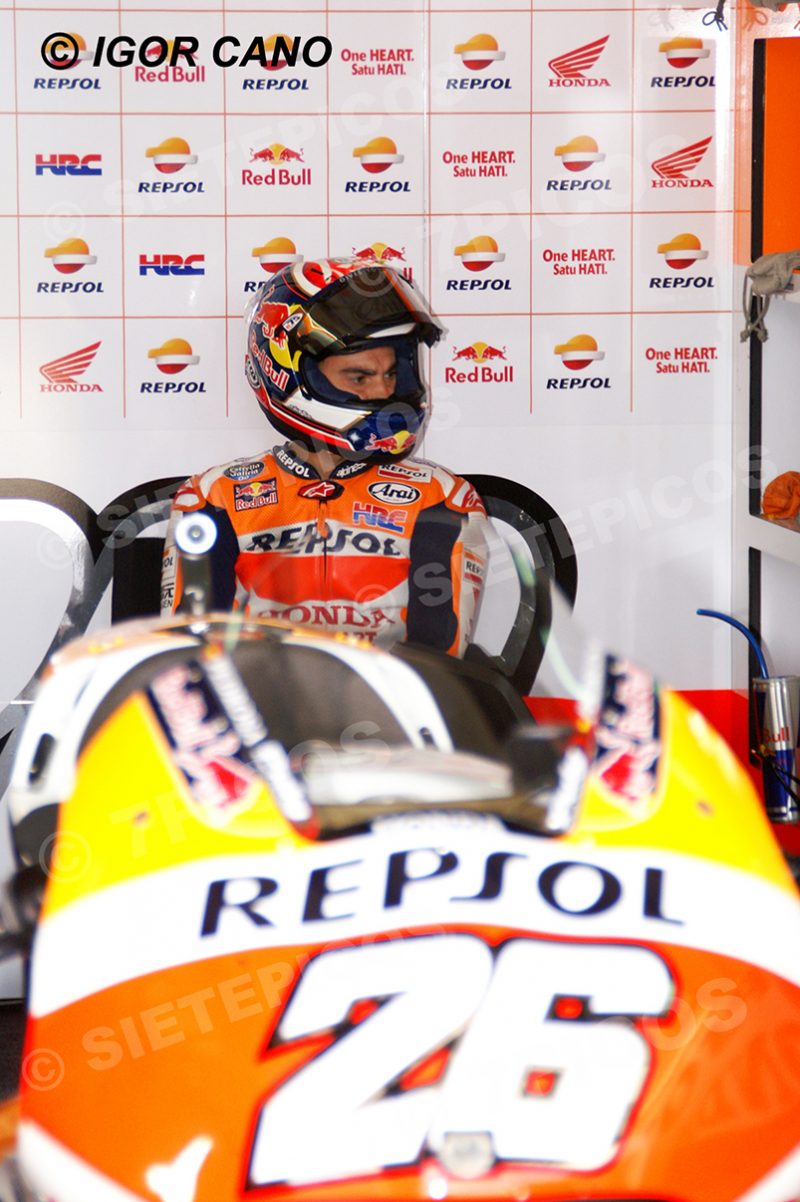 Piloto Dani Pedrosa (26) en el box Repsol Honda Team Gran Premio de Aragon 2017 Alcañiz, Teruel, MotoGPTM