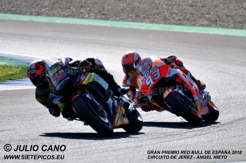 Pilotos Marc Marquez (93) (Resol Honda Team) junto con Hafiz Syahrin (55) (Yamaha Tech 3) Gran Premio Red Bull de España 2018 Circuito de Jerez Angel Nieto. Jerez. España. MotoGPTM