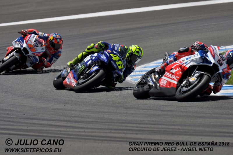 Pilotos Danilo Petrucci (9) (Alma Pramac Racing), Valentino Rossi (46) ((Movistar Yamaha MotoGP)) y Jack Miller (43) (Alma Pramac Racing) Gran Premio Red Bull de España 2018 Circuito de Jerez Angel Nieto. Jerez. España. MotoGPTM
