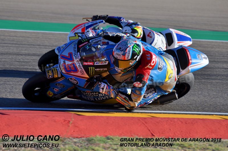 Adelantamiento de Alex Marquez (73) (Estrella Galicia 0,0 Marc VDS) en la curva 5 Gran Premio Movistar de Aragon 2018 Motorland Alcañiz, Teruel, Moto2TM