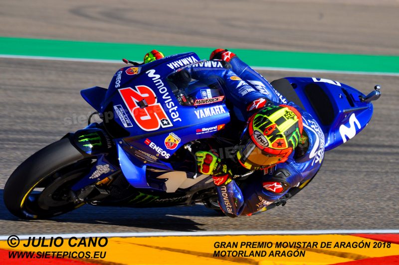 Piloto Maverick Viñales (25) (Movistar Yamaha MotoGP) en curva 5 motorland Gran Premio Movistar de Aragon 2018 Motorland Alcañiz, Teruel, MotoGPTM