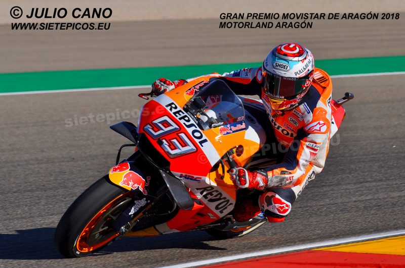Piloto Marc Marquez (93) (Repsol Honda Team) en curva 5 motorland Gran Premio Movistar de Aragon 2018 Motorland Alcañiz, Teruel, MotoGPTM