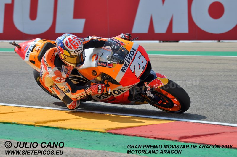Piloto Dani Pedrosa (26) (Repsol Honda Team) entrando en el sacacorchos Gran Premio Movistar de Aragon 2018 Motorland Alcañiz, Teruel, MotoGPTM