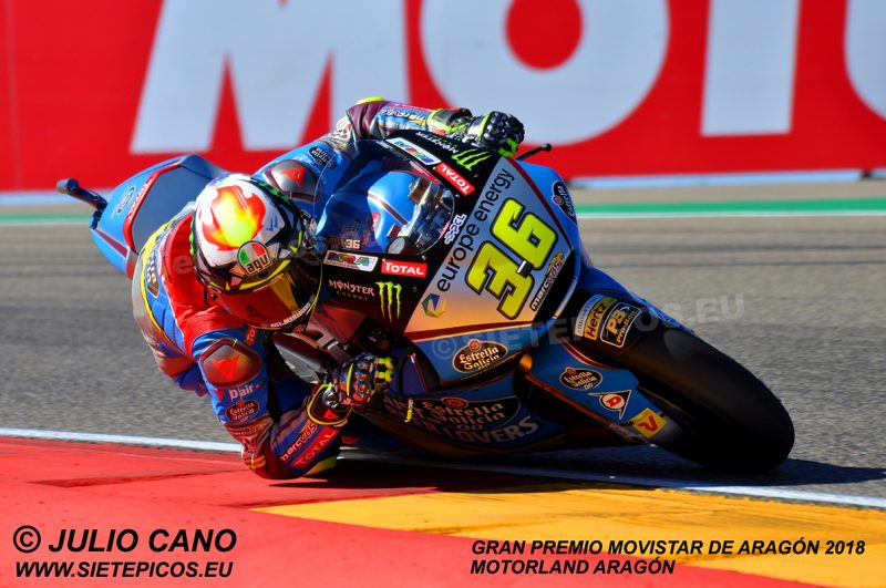 Piloto Joan Mir (36) (Estrella Galicia 0,0 Marc VDS) entrando en el sacacorchos Gran Premio Movistar de Aragon 2018 Motorland Alcañiz, Teruel, Moto2TM