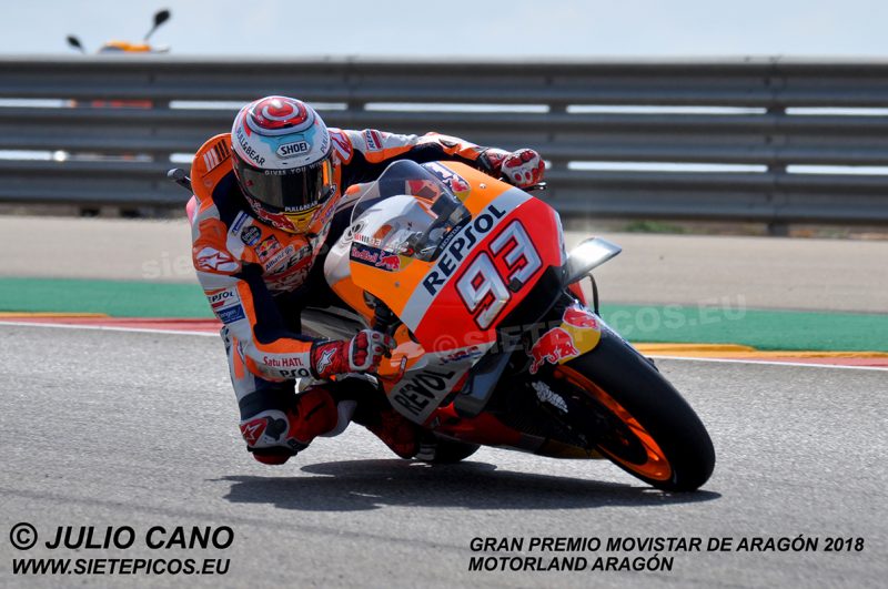 Piloto Marc Marquez (93) (Repsol Honda Team) entrando en el sacacorchos Gran Premio Movistar de Aragon 2018 Motorland Alcañiz, Teruel, MotoGPTM