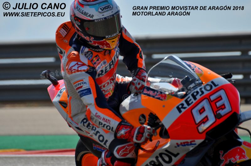 Piloto Marc Marquez (93) (Repsol Honda Team) entrando en el sacacorchos Gran Premio Movistar de Aragon 2018 Motorland Alcañiz, Teruel, MotoGPTM