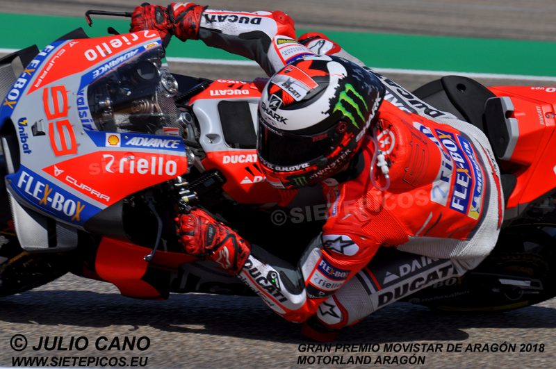 Piloto Jorge Lorenzo (99) (Ducati Team) en curva 5 motorland Gran Premio Movistar de Aragon 2018 Motorland Alcañiz, Teruel, MotoGPTM