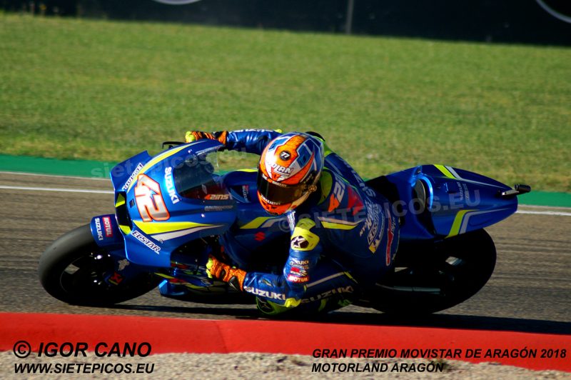 Piloto Alex Rins (42) (Team Suzuki ECSTAR) en curva 12 de motorland Gran Premio Movistar de Aragon 2018 Motorland Alcañiz, Teruel, MotoGPTM
