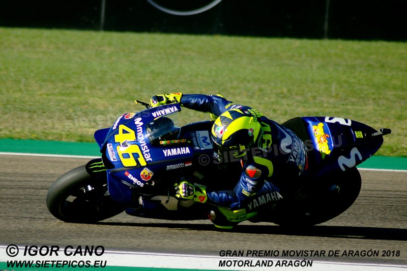 Valentino Rossi (46) (Movistar Yamaha MotoGP) en curva 12 de Motorland Gran Premio Movistar de Aragon 2018 Motorland Alcañiz, Teruel, MotoGPTM