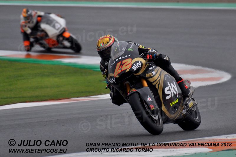 Piloto Francesco "Pecco" Bagnaia (42) (SKY Racing Team VR46) en curva Nico Terol Gran Premio Motul de la Comunidad Valenciana 2018 Cheste, Valencia, Moto2TM
