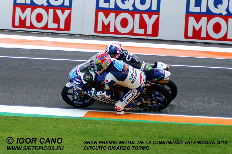 Pilotos Jorge Martin (88) (Del conca Gresini Moto 3TM) y John McPhee (17) (CIP-Green Power) en curva Aspar Gran Premio Motul de la Comunidad Valenciana 2018 Cheste, Valencia, Moto3TM