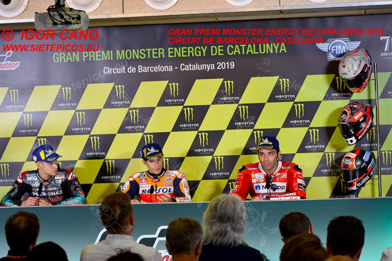 Rueda de Prensa de MotoGP de los pilotos Fabio Quartararo (20) (Petronas Yamaha SRT), Marc Marquez (93) (Repsol Honda Team) y Danilo Petrucci (9) (Mission Winnow Ducati). Gran Premi Monster Energy de Catalunya 2019, Circuit de Barcelona-Catalunya. Montmelo. España. MotoGPTM