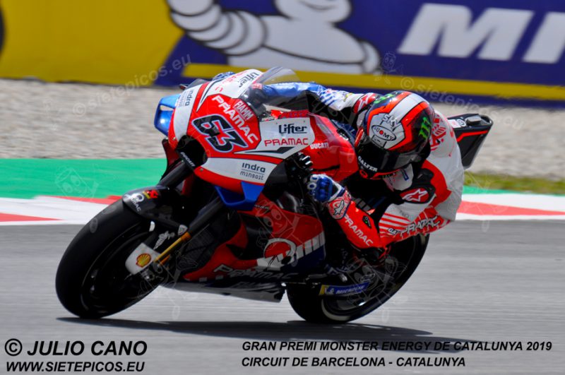 Piloto Francesco (Pecco) Bagnaia (63) (Pramac Racing) saliendo de la curva Campsa. Gran Premi Monster Energy de Catalunya 2019, Circuit de Barcelona-Catalunya. Montmelo. España. MotoGPTM