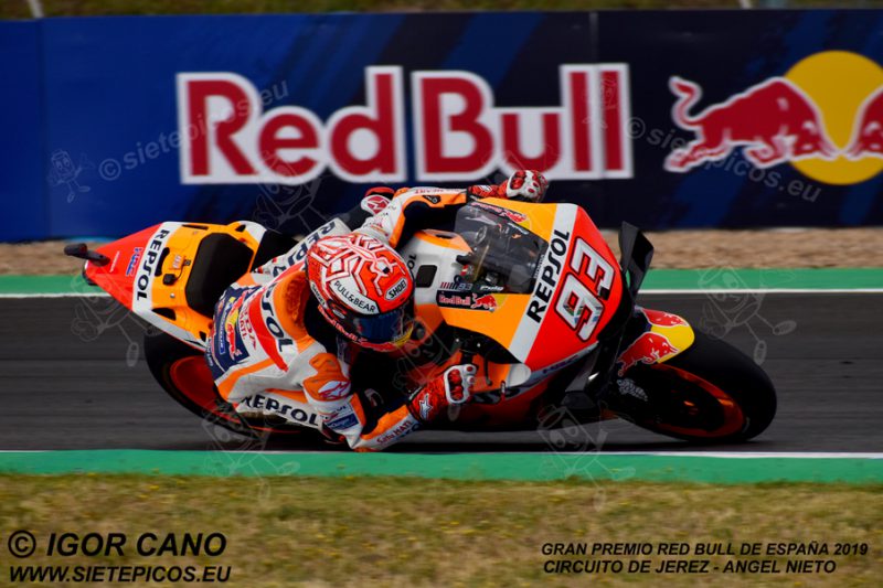 Piloto Marc Marquez (93) (Repsol Honda Team) en la curva Peluqui. Gran Premio Red Bull de España 2019 Circuito de Jerez Angel Nieto. Jerez. España. MotoGPTM