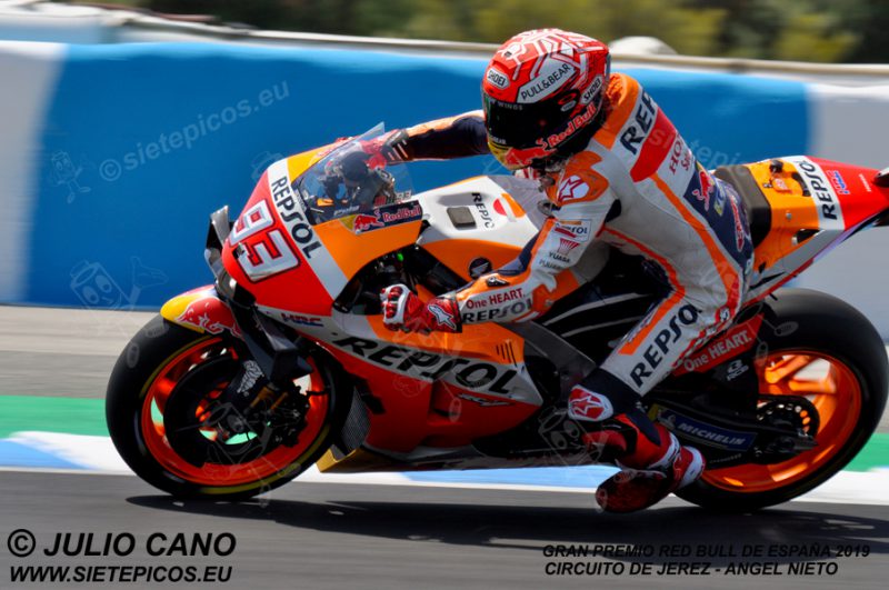 Piloto Marc Marquez (93) (Repsol Honda Team) entrando en la curva Jorge Lorenzo. Gran Premio Red Bull de España 2019 Circuito de Jerez Angel Nieto. Jerez. España. MotoGPTM