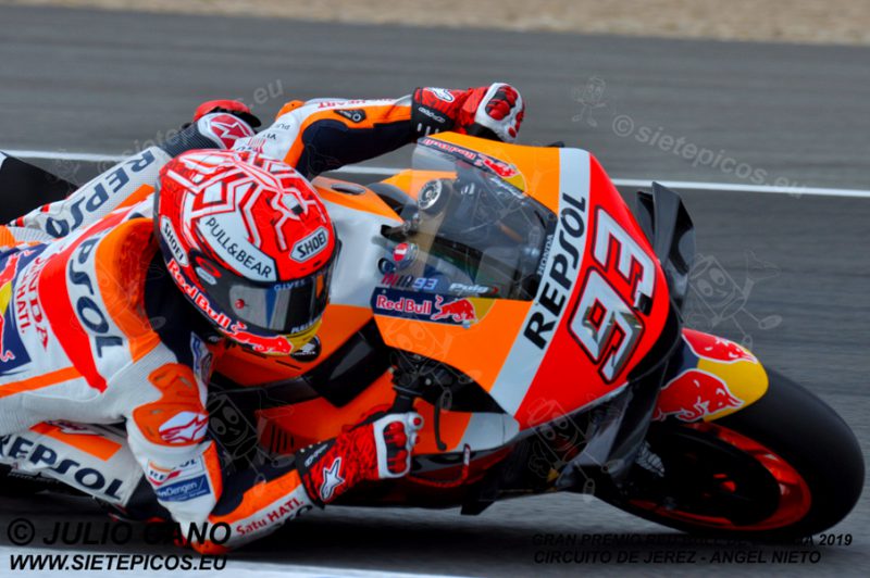 Piloto Marc Marquez (93) (Repsol Honda Team) en la curva Dani Pedrosa. Gran Premio Red Bull de España 2019 Circuito de Jerez Angel Nieto. Jerez. España. MotoGPTM