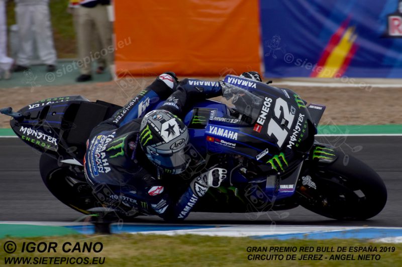 Piloto Maveric Viñales (12) (Monster Energy Yamaha MotoGP) en la curva Peluqui. Gran Premio Red Bull de España 2019 Circuito de Jerez Angel Nieto. Jerez. España. MotoGPTM