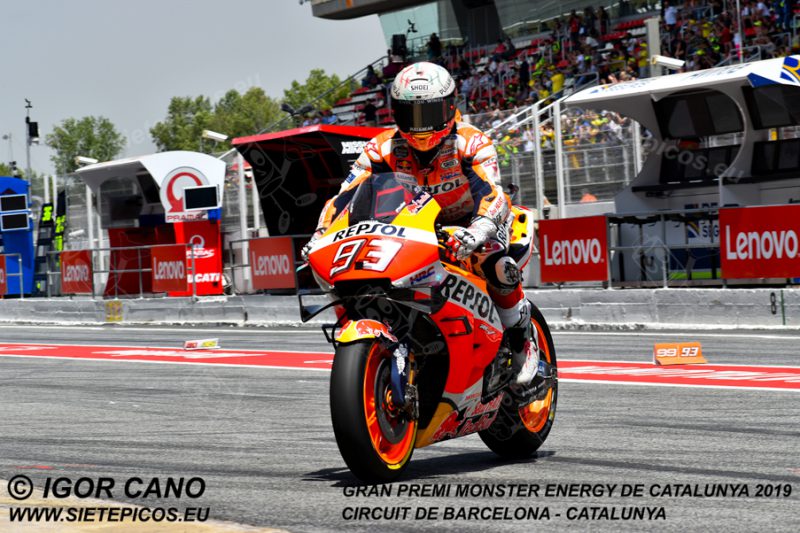 Piloto Marc Marquez (93) (Repsol Honda Team) entrando en el Box.Gran Premi Monster Energy de Catalunya 2019, Circuit de Barcelona-Catalunya. Montmelo. España. MotoGPTM