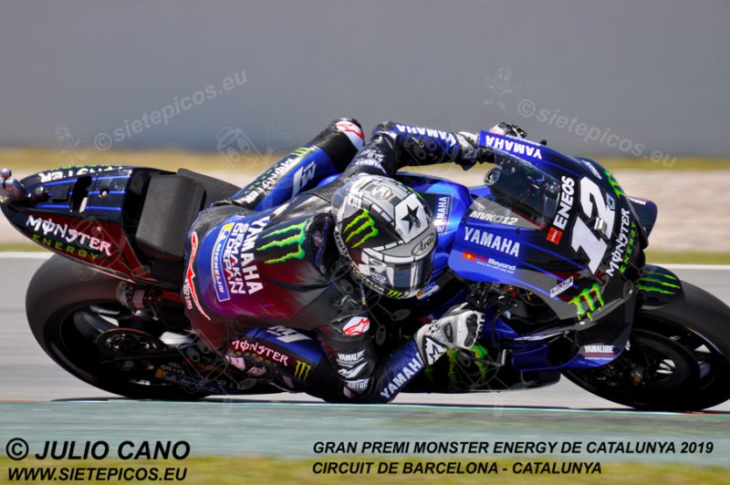 Piloto Maveric Viñales (12) (Monster Energy Yamaha MotoGP) en la curva Campsa. Gran Premi Monster Energy de Catalunya 2019, Circuit de Barcelona-Catalunya. Montmelo. España. MotoGPTM