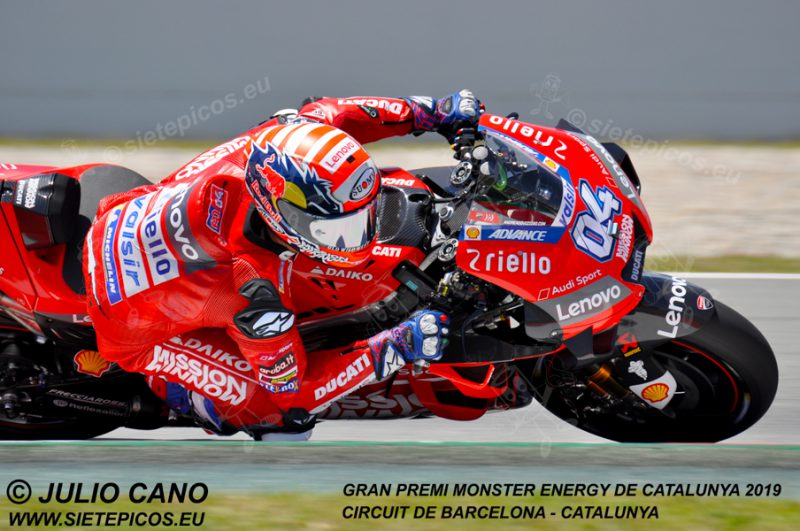 Piloto Andrea Dovicioso (4) (Mission Winnow Ducati) en la curva Campsa.Gran Premi Monster Energy de Catalunya 2019, Circuit de Barcelona-Catalunya. Montmelo. España. MotoGPTM