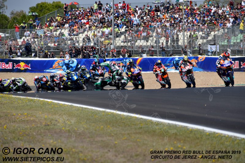 Accidente de los pilotos Remy Gardner (87) (Onexox Tkkr SAG Team) y Alex Marquez (73) (Estrella Galicia 0,0 Marc VDS) pasado la curva 1. Gran Premio Red Bull de España 2019 Circuito de Jerez Angel Nieto. Jerez. España. Moto2TM