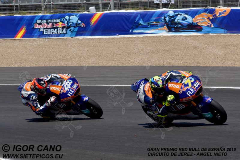 Pilotos Lorenzo Baldassarri (7) y Augusto Fernandez (40) (Flexbox HP 40) saliendo de la curva 1. Gran Premio Red Bull de España 2019 Circuito de Jerez Angel Nieto. Jerez. España. Moto2TM