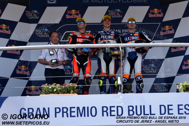 Podio Moto2 Formado por los pilotos Lorenzo Baldassarri (7) (Flexbox HP 40), Jorge Navarro (9) (HDR Heidrun Speed Up) y Augusto Fernandez (40) (Flexbox HP 40). Gran Premio Red Bull de España 2019 Circuito de Jerez Angel Nieto. Jerez. España. Moto2TM