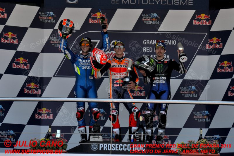 Podio de MotoGP formado por los pilotos Marc Marquez (93) (Repsol Honda Team), Alex Rins (42) (Team Suzuki ECSTAR) y Maveric Viñales (12) (Monster Energy Yamaha MotoGP).Gran Premio Red Bull de España 2019 Circuito de Jerez Angel Nieto. Jerez. España. MotoGPTM