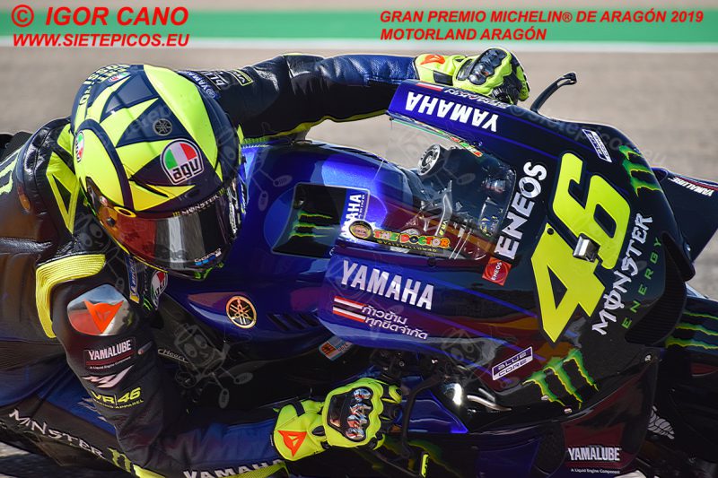 Piloto Valentino Rossi (46) (Monster Energy Yamaha MotoGP) entrando en el sacacorchos. Gran Premio Michelin® de Aragón 2019 Motorland Aragón, Alcañiz, Teruel, MotoGPTM.