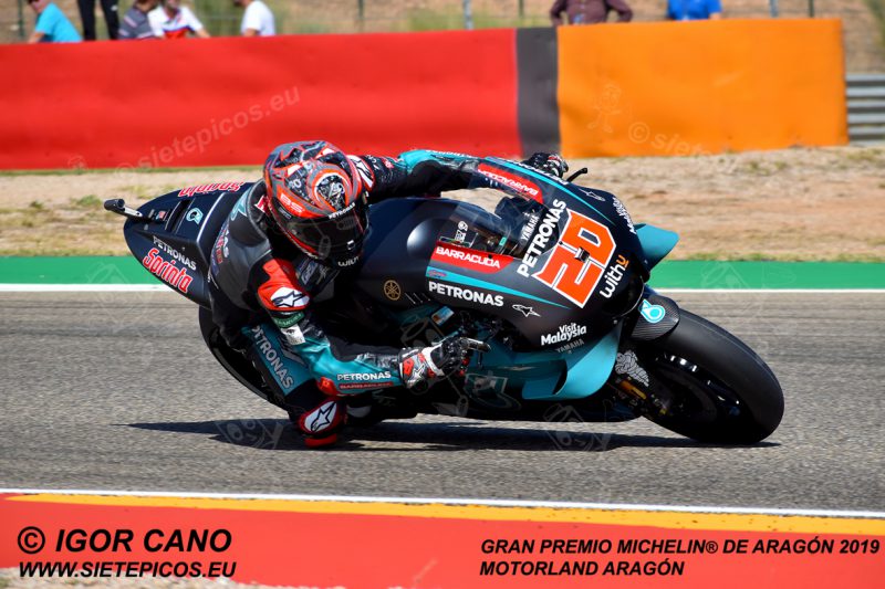 Piloto Fabio Quartararo (20) (Petronas Yamaha SRT) entrando en curva 14.Gran Premio Michelin® de Aragón 2019 Motorland Aragón, Alcañiz, Teruel, MotoGPTM