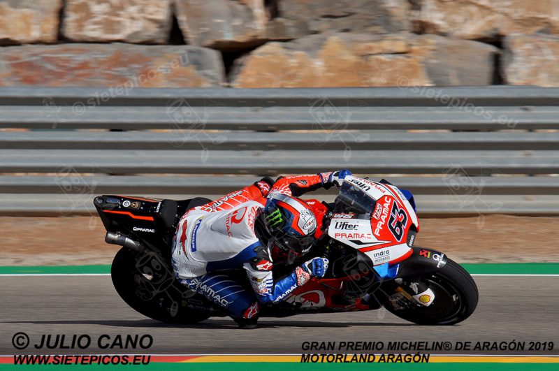 Piloto Francesco (Pecco) Bagnaia (63) (Alma Pramac Racing) entrando en la curva 13. Gran Premio Michelin® de Aragón 2019 Motorland Aragón, Alcañiz, Teruel, MotoGPTM