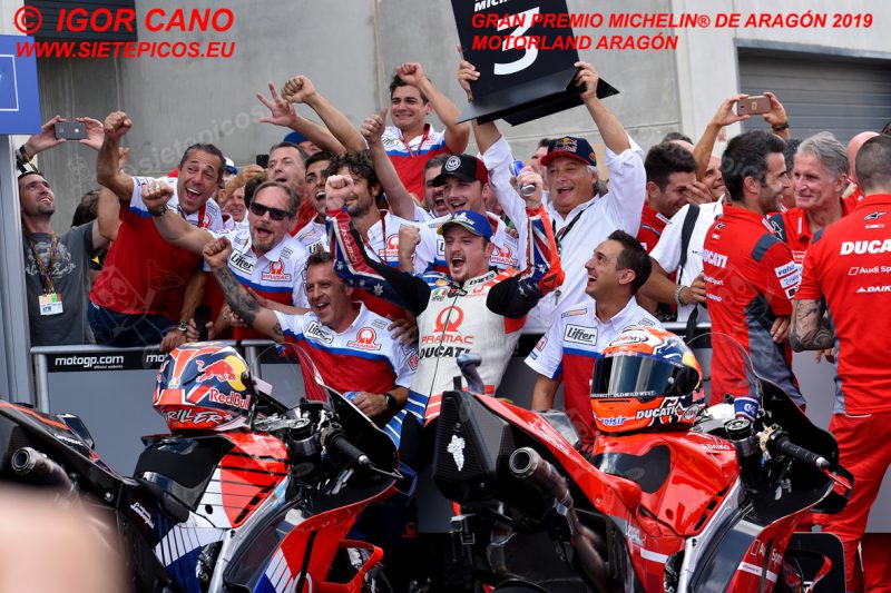 Celebración del piloto Jack Miller (43) (Alma Pramac Racing) en el corralito. Gran Premio Michelin® de Aragón 2019 Motorland Aragón, Alcañiz, Teruel, MotoGPTM