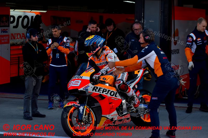 Piloto Jorge Lorenzo (99) (Repsol Honda Team) saliendo del Box. Gran Premio Motul de la Comunidad Valenciana 2019 Circuit Ricardo Tormo Cheste, Valencia, MotoGPTM