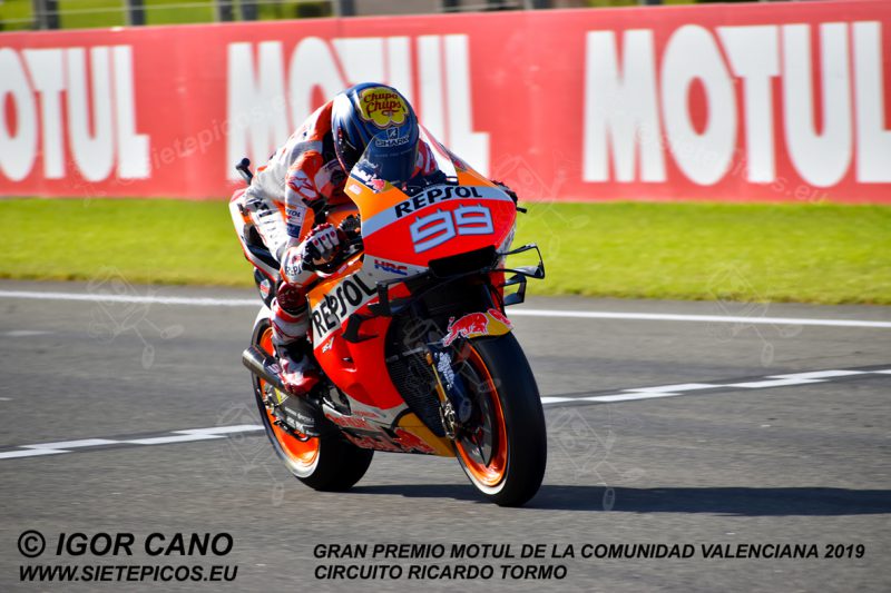 Piloto Jorge Lorenzo (99) (Repsol Honda Team) pasando por recta de meta. Gran Premio Motul de la Comunidad Valenciana 2019 Circuit Ricardo Tormo Cheste, Valencia, MotoGPTM