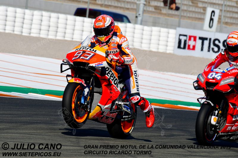 Piloto Marc Marquez (93) (Repsol Honda Team) practicando la salida despues de curva Ángel Nieto.Gran Premio Motul de la Comunidad Valenciana 2019 Circuit Ricardo Tormo Cheste, Valencia, MotoGPTM