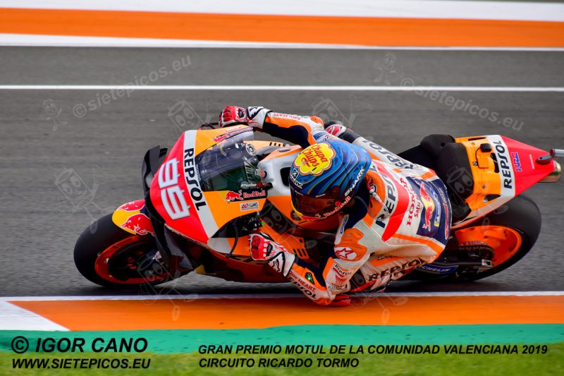 Piloto Jorge Lorenzo (99) (Repsol Honda Team) en curva Aspar. Gran Premio Motul de la Comunidad Valenciana 2019 Circuit Ricardo Tormo Cheste, Valencia, MotoGPTM