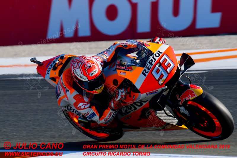 Piloto Marc Marquez (93) (Repsol Honda Team) saliendo de curva 11. Gran Premio Motul de la Comunidad Valenciana 2019 Circuit Ricardo Tormo Cheste, Valencia, MotoGPTM