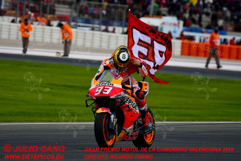 Celebracion de los 8 campeonatos del Piloto Marc Marquez (93) (Repsol Honda Team) salendo de curva 11.Gran Premio Motul de la Comunidad Valenciana 2019 Circuit Ricardo Tormo Cheste, Valencia, MotoGPTM