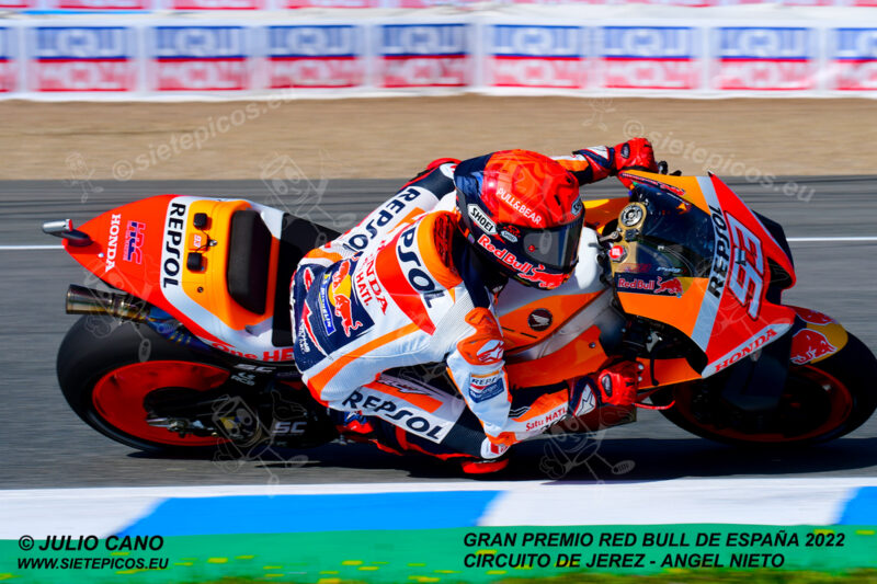 Piloto Marc Marquez (93) (Repsol Honda Team) en curva Dani Pedrosa. Gran Premio Red Bull de España 2022 Circuito Jerez-Angel Nieto. Jerez de la Frontera. Jerez de la Frontera. Andalucia. España. MotoGPTM