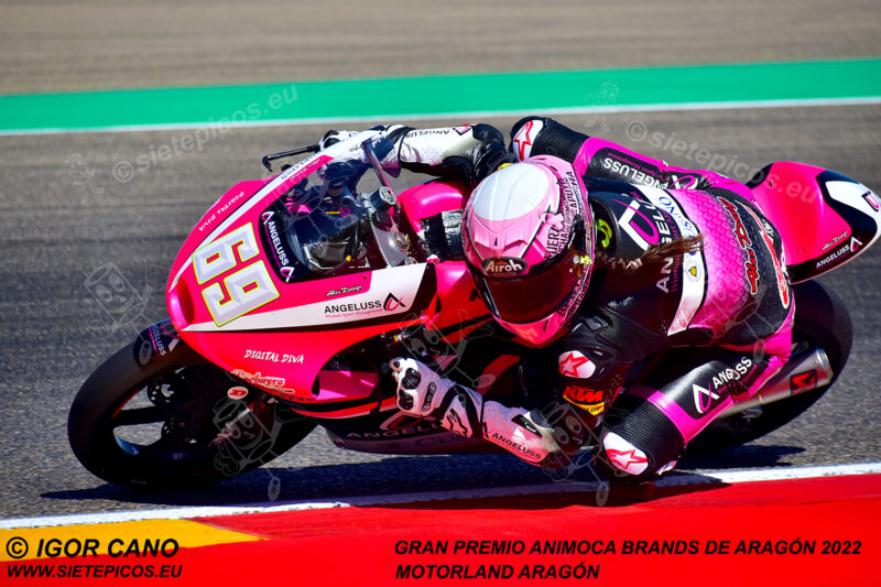 Piloto Maria Herrera (69) (Angeluss MTA Team) en curva 5. Gran Premio Animoca Brands de Aragón 2022, Motorland Aragón, Alcañiz, Teruel, Moto3TM. Alcañiz 2022