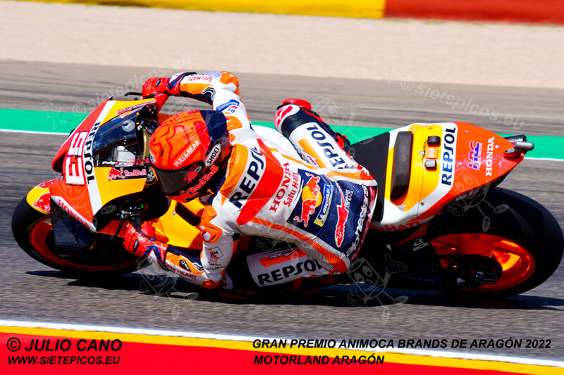 Piloto Marc Marquez (93) (Repsol Honda Team) en curva 5.Gran Premio Animoca Brands de Aragón 2022, Motorland Aragón. Alcañiz. Teruel. España. MotoGPTM.Alcañiz 2022.