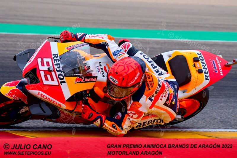 Piloto Marc Marquez (93) (Repsol Honda Team) en curva 5.Gran Premio Animoca Brands de Aragón 2022, Motorland Aragón. Alcañiz. Teruel. España. MotoGPTM.Alcañiz 2022.