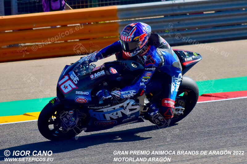 Piloto Joe Roberts (16) (Italtrans Racing Team) entrando en curva 1. Gran Premio Animoca Brands de Aragón 2022, Motorland Aragón, Alcañiz, Teruel, Moto2TM. Alcañiz 2022