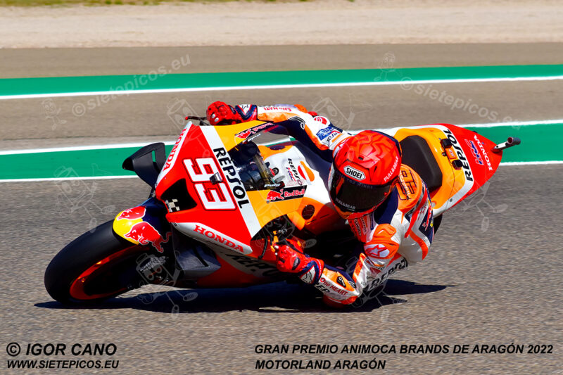 Piloto Marc Marquez (93) (Repsol Honda Team) en curva Marc Marquez. Gran Premio Animoca Brands de Aragón 2022, Motorland Aragón. Alcañiz. Teruel. España. MotoGPTM. Alcañiz 2022