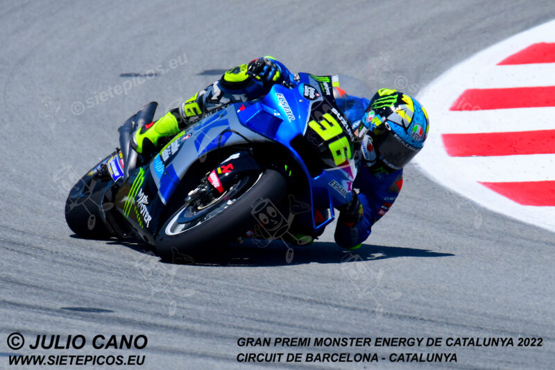 Piloto Joan Mir (36) (Team Suzuki ECSTAR) en curva Seat.Gran Premi Monster Energy de Catalunya 2022, Circuit de Barcelona-Catalunya. Montmelo. España. MotoGPTM. Montmeló-2022