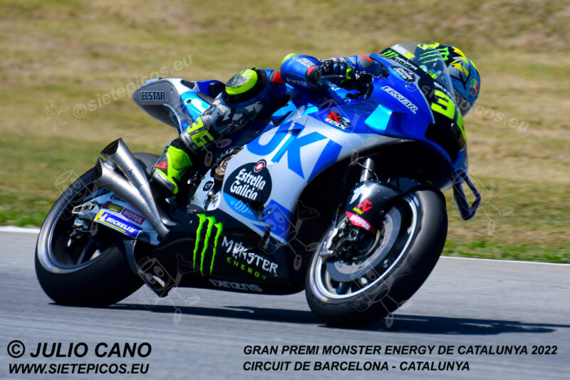 Piloto Joan Mir (36) (Team Suzuki ECSTAR) saliendo de curva Seat.Gran Premi Monster Energy de Catalunya 2022, Circuit de Barcelona-Catalunya. Montmelo. España. MotoGPTM. Montmeló-2022